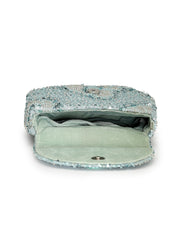 Anekaant Petal Posh Steel Blue Faux Silk Floral Embellished Clutch