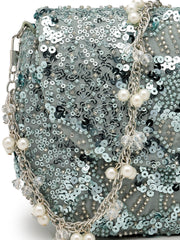 Anekaant Petal Posh Steel Blue Faux Silk Floral Embellished Clutch