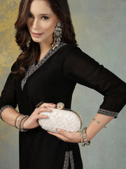 Anekaant Woven Reverie White Faux Silk Floral Vine Embroidered Clutch