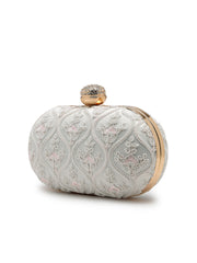 Anekaant Woven Reverie White Faux Silk Floral Vine Embroidered Clutch