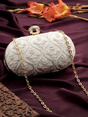 Anekaant Woven Reverie White Faux Silk Floral Vine Embroidered Clutch
