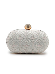 Anekaant Woven Reverie White Faux Silk Floral Vine Embroidered Clutch