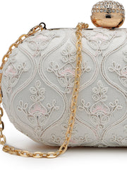 Anekaant Woven Reverie White Faux Silk Floral Vine Embroidered Clutch