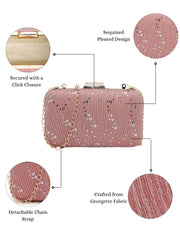 Anekaant Woven Reverie Pink Georgette Pleated Sequined Fabric Clutch
