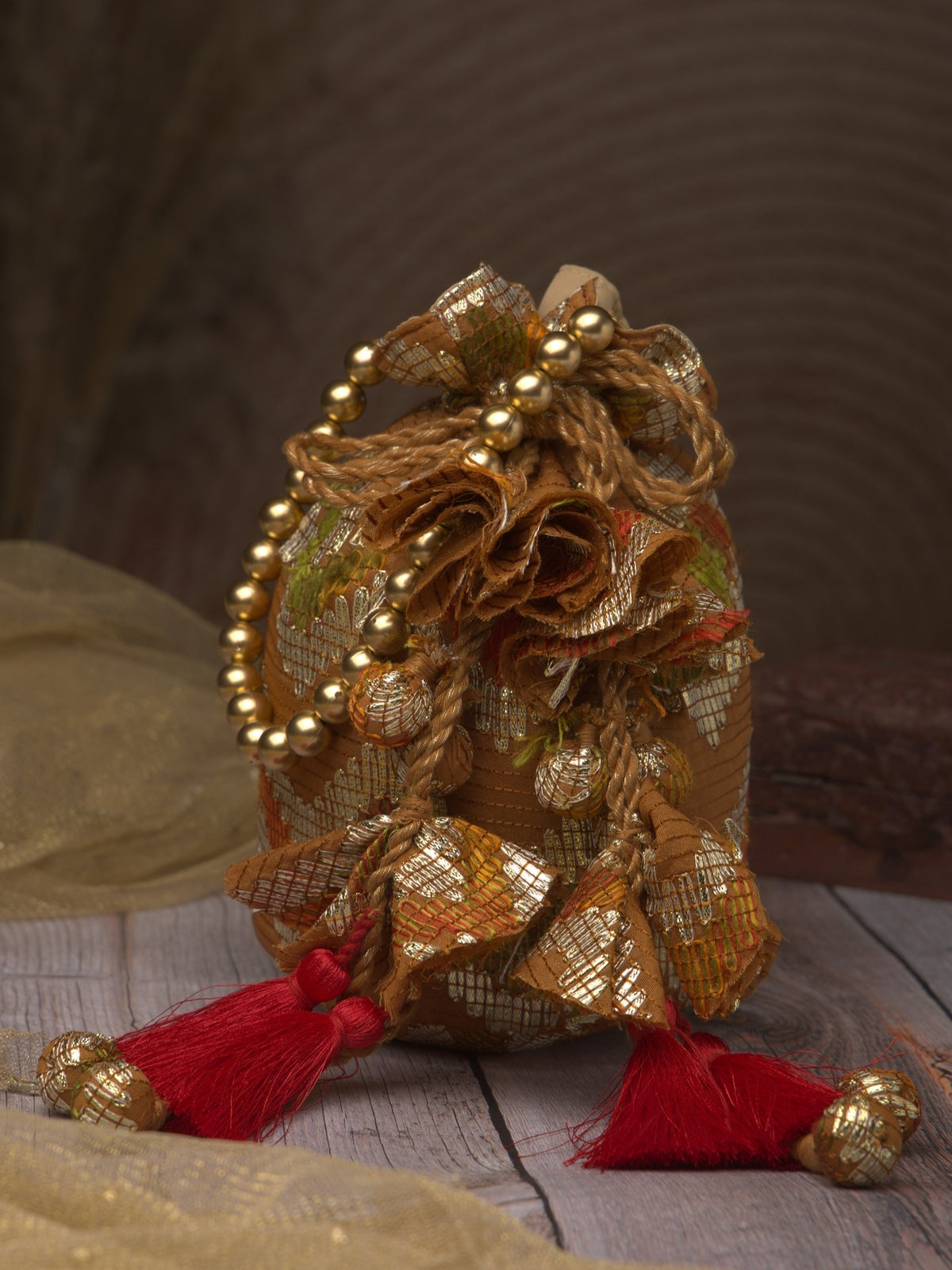 Anekaant Jashn Edit Rust Brown Faux Silk Chevron Woven Potli
