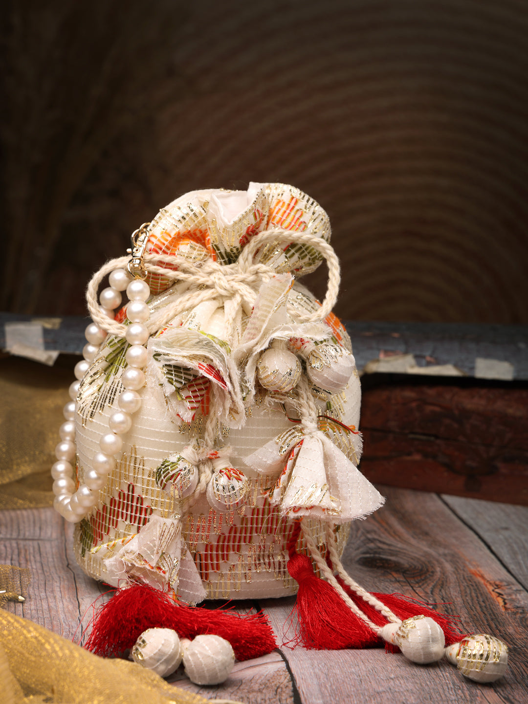 Anekaant Jashn Edit Ivory Faux Silk Chevron Woven Potli