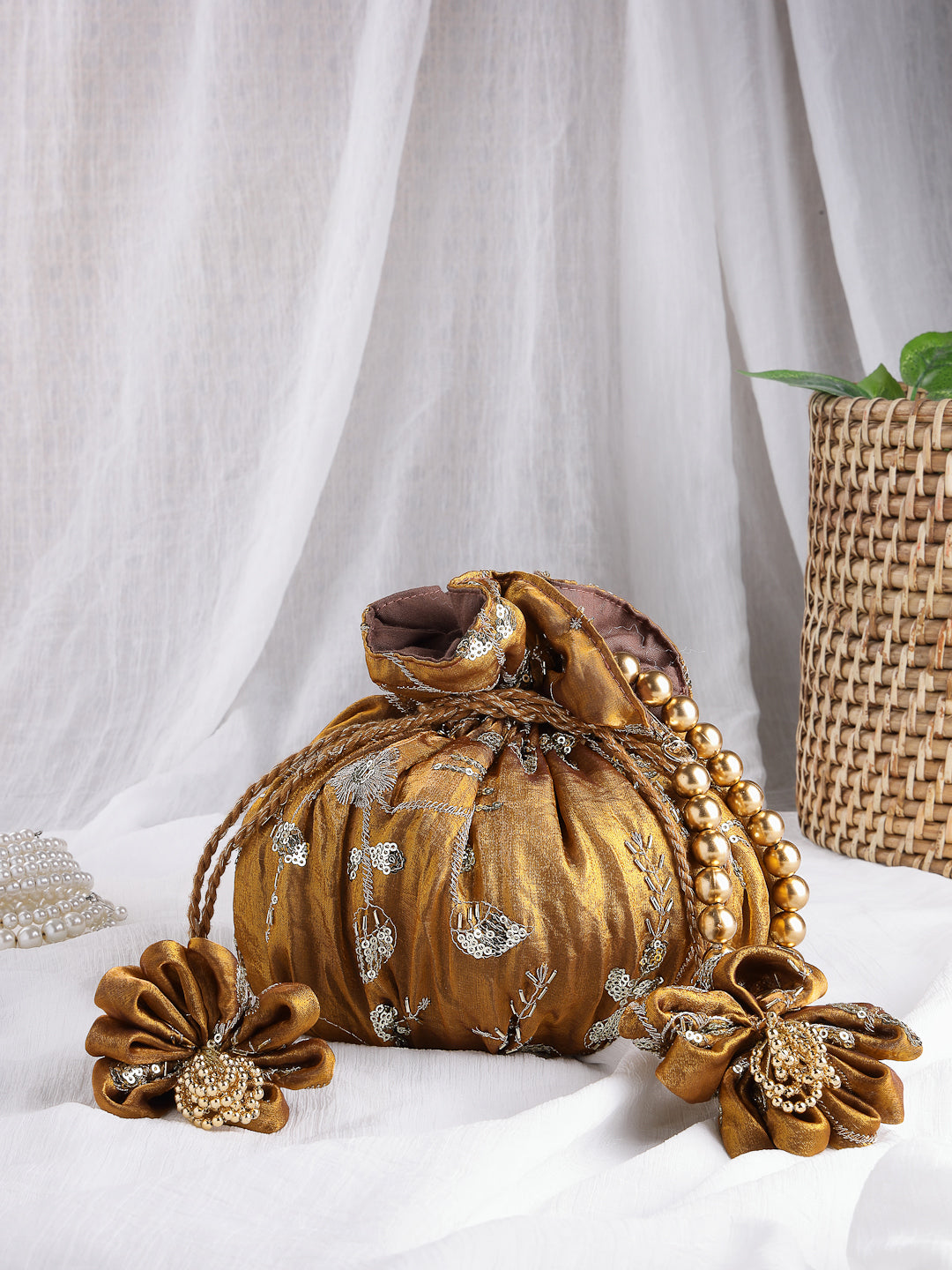 Anekaant Jashn Edit Copper Faux Silk Floral Embellished Potli
