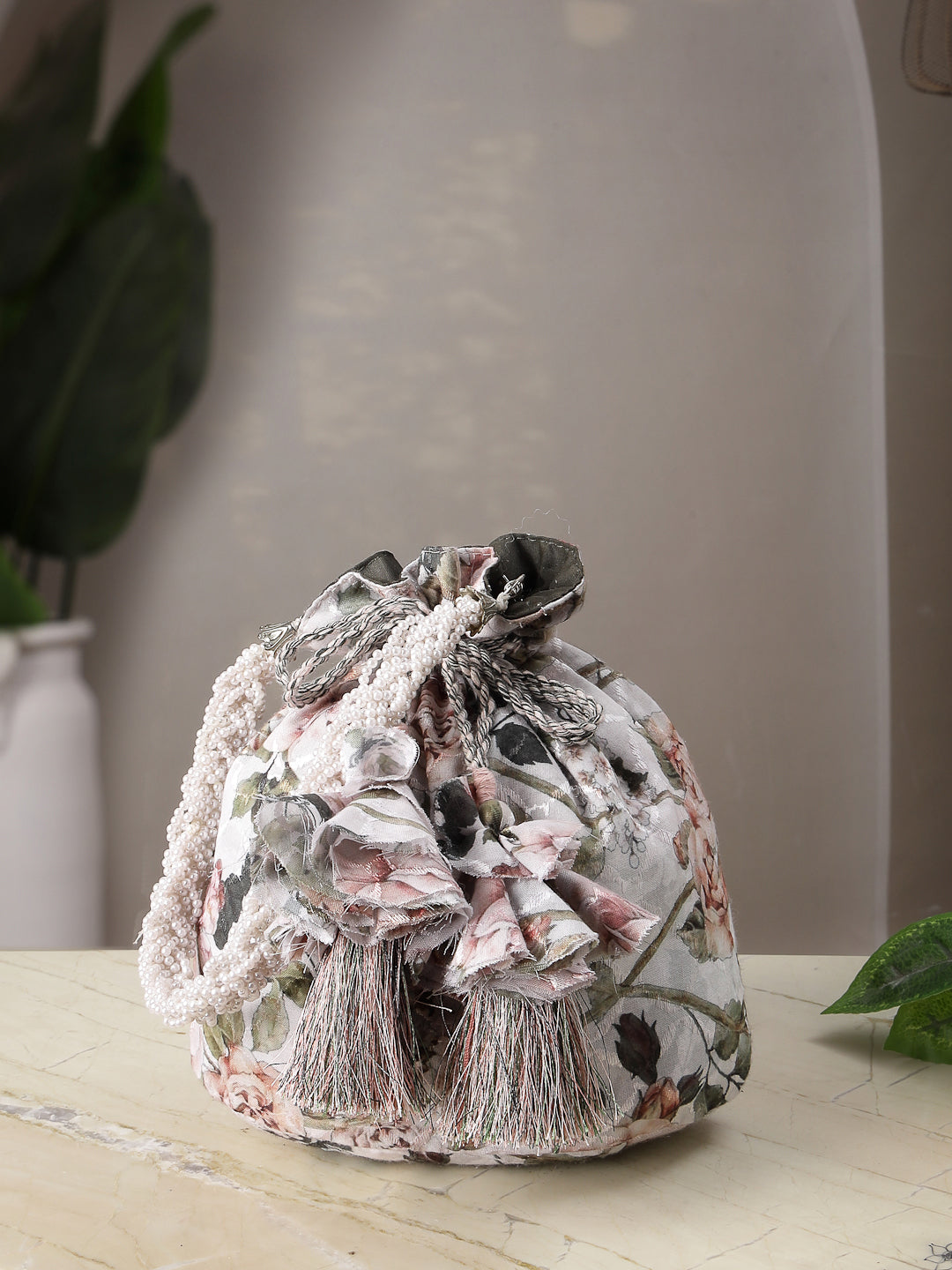 Anekaant Jashn Edit Ivory Faux Silk Floral Printed Potli