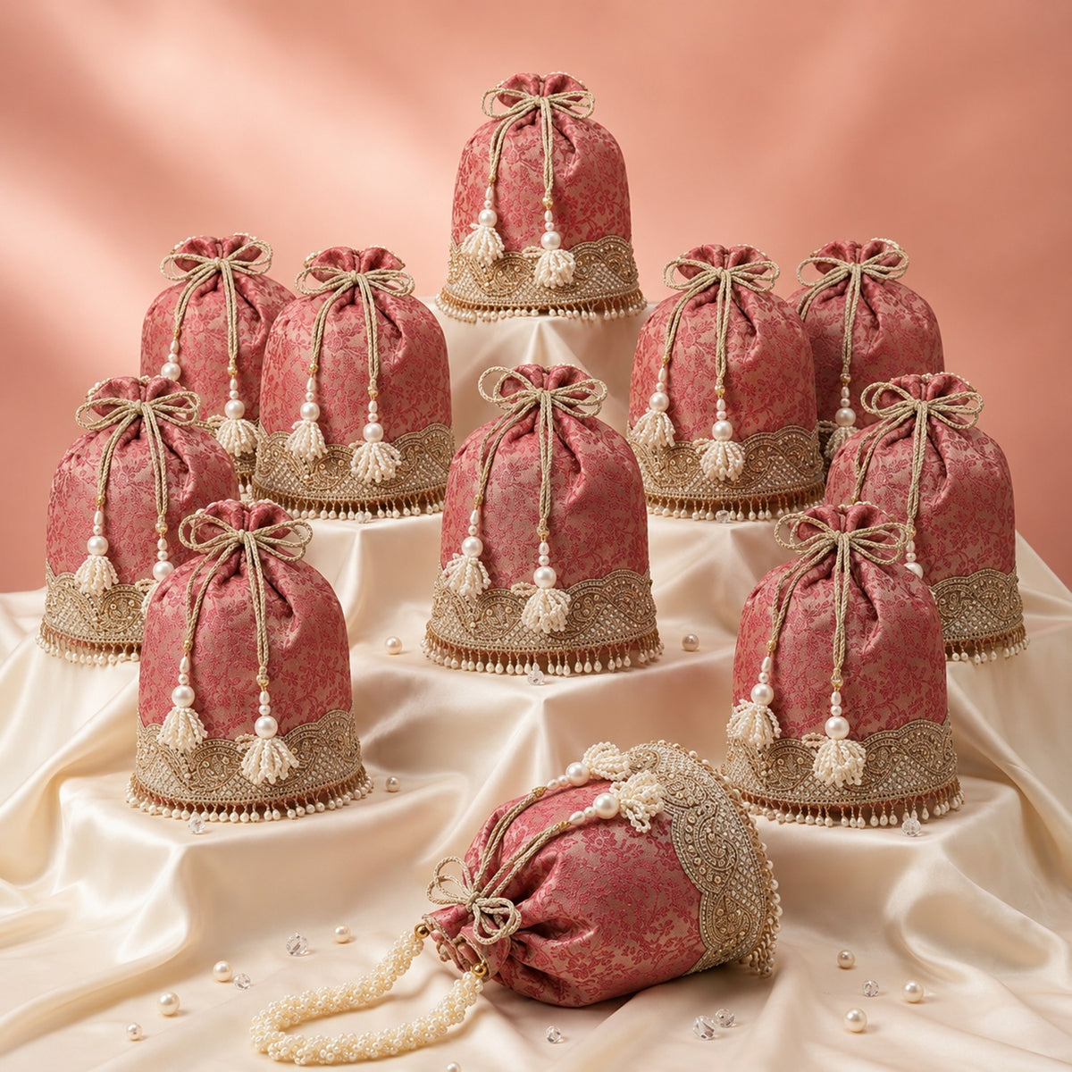 Jashn Edit Floral Jacquard Wedding Favor Potli Set of 10 | Mehendi, Haldi & Wedding Return Gifts