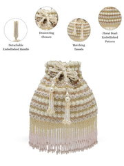 Anekaant Dewdrop Fringe Champagne Gold Velvet Beaded Potli