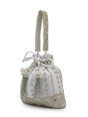Anekaant Noor Edit White Satin Floral Striped Embellished Potli
