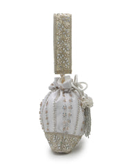 Anekaant Noor Edit White Satin Floral Striped Embellished Potli