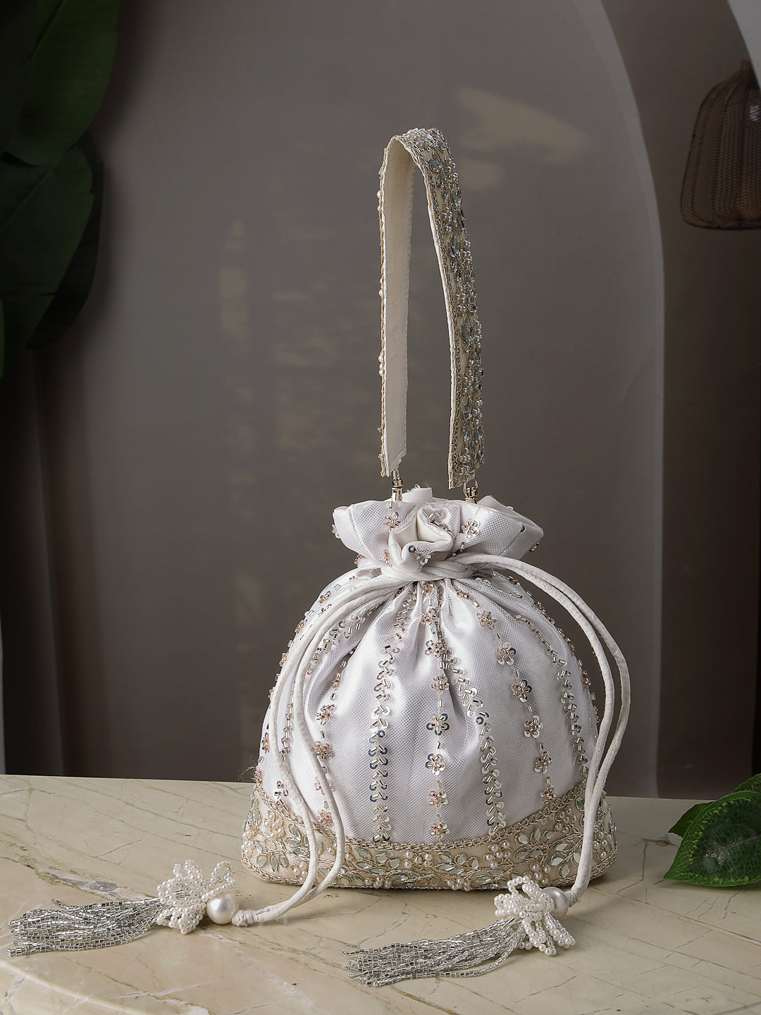 Anekaant Noor Edit White Satin Floral Striped Embellished Potli