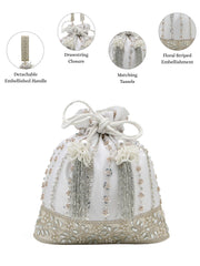 Anekaant Noor Edit White Satin Floral Striped Embellished Potli