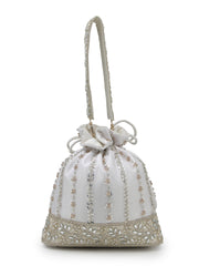 Anekaant Noor Edit White Satin Floral Striped Embellished Potli