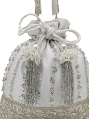 Anekaant Noor Edit White Satin Floral Striped Embellished Potli