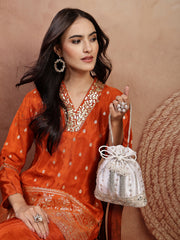Anekaant Noor Edit White Satin Floral Striped Embellished Potli