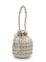 Anekaant Jashn Edit Ivory Faux Silk Scallop Embellised Potli