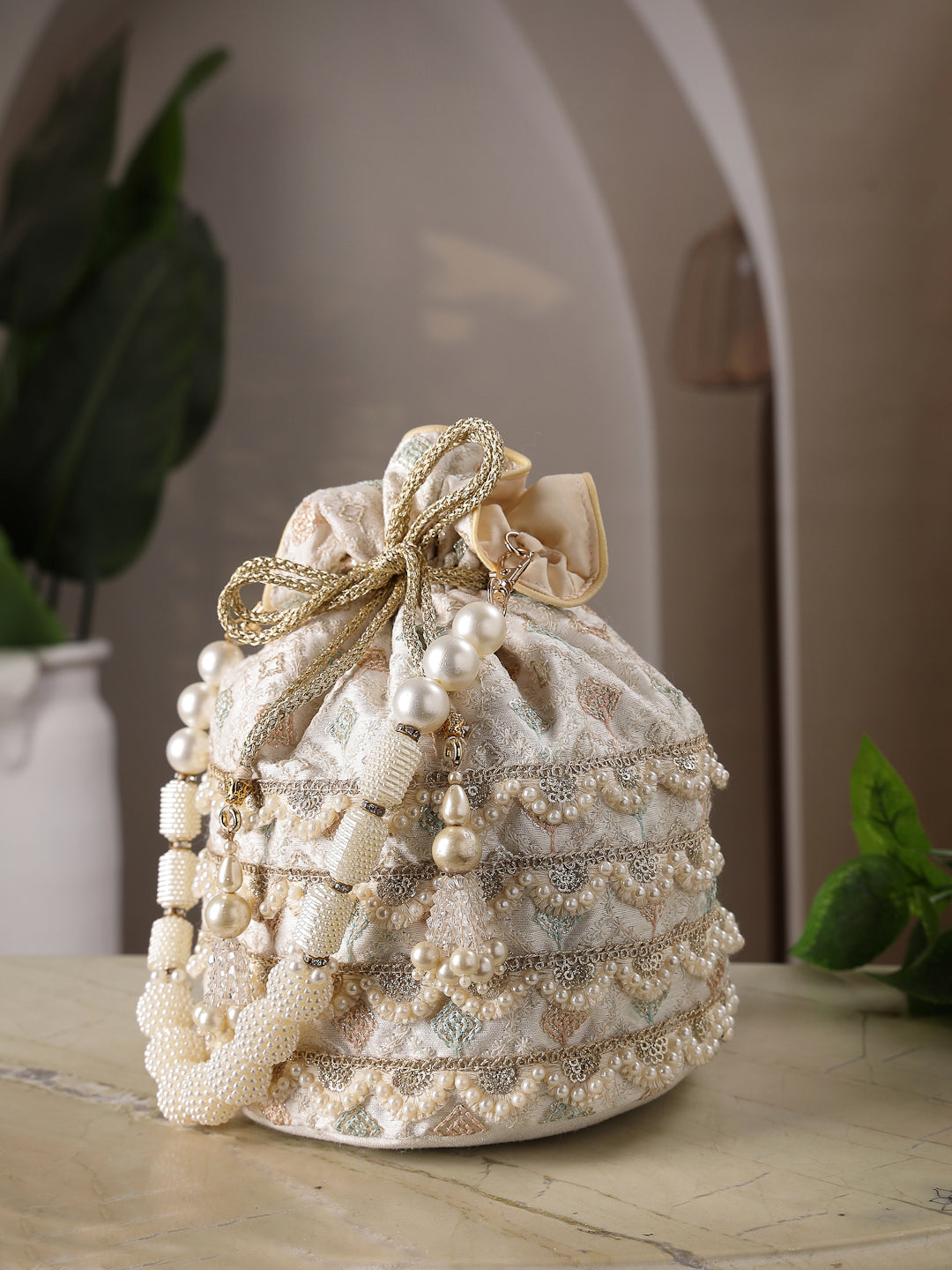 Anekaant Jashn Edit Ivory Faux Silk Scallop Embellised Potli