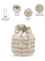 Anekaant Jashn Edit Ivory Faux Silk Scallop Embellised Potli