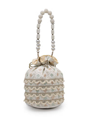 Anekaant Jashn Edit Ivory Faux Silk Scallop Embellised Potli