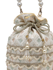 Anekaant Jashn Edit Ivory Faux Silk Scallop Embellised Potli