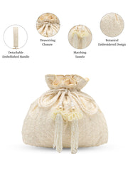 Anekaant Noor Edit Ivory Faux Silk Botanical Embroidered Potli