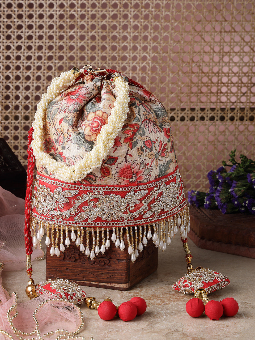 Anekaant Jashn Edit Beige Faux Silk Floral Printed Potli
