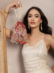 Anekaant Jashn Edit Beige Faux Silk Floral Printed Potli
