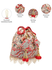 Anekaant Jashn Edit Beige Faux Silk Floral Printed Potli