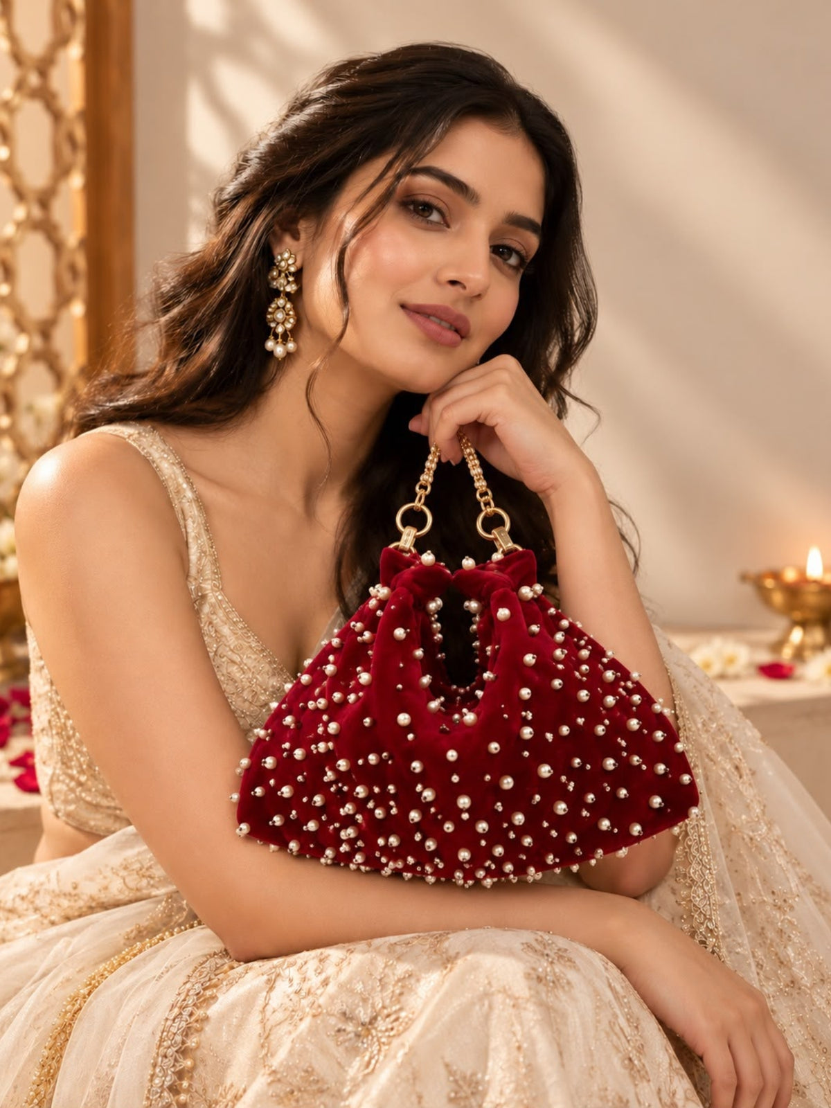 Noor Edit Deep Red Pearl Embellished Velvet Potli