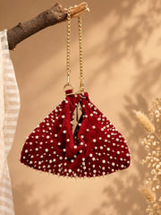 Noor Edit Deep Red Pearl Embellished Velvet Potli