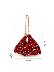 Noor Edit Deep Red Pearl Embellished Velvet Potli