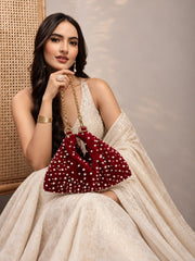 Noor Edit Deep Red Pearl Embellished Velvet Potli