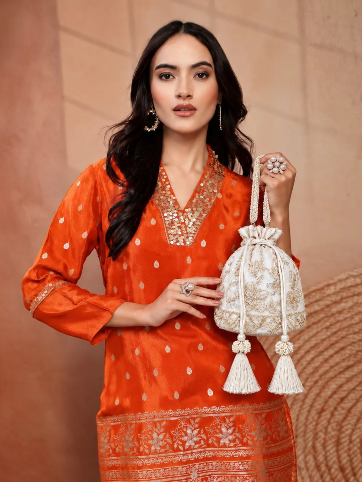 Jashn Edit Off White & Gold Floral Embellished Faux Silk Potli