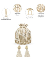 Jashn Edit Off White & Gold Floral Embellished Faux Silk Potli