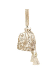 Jashn Edit Off White & Gold Floral Embellished Faux Silk Potli