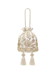 Jashn Edit Off White & Gold Floral Embellished Faux Silk Potli