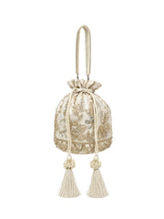 Jashn Edit Off White & Gold Floral Embellished Faux Silk Potli