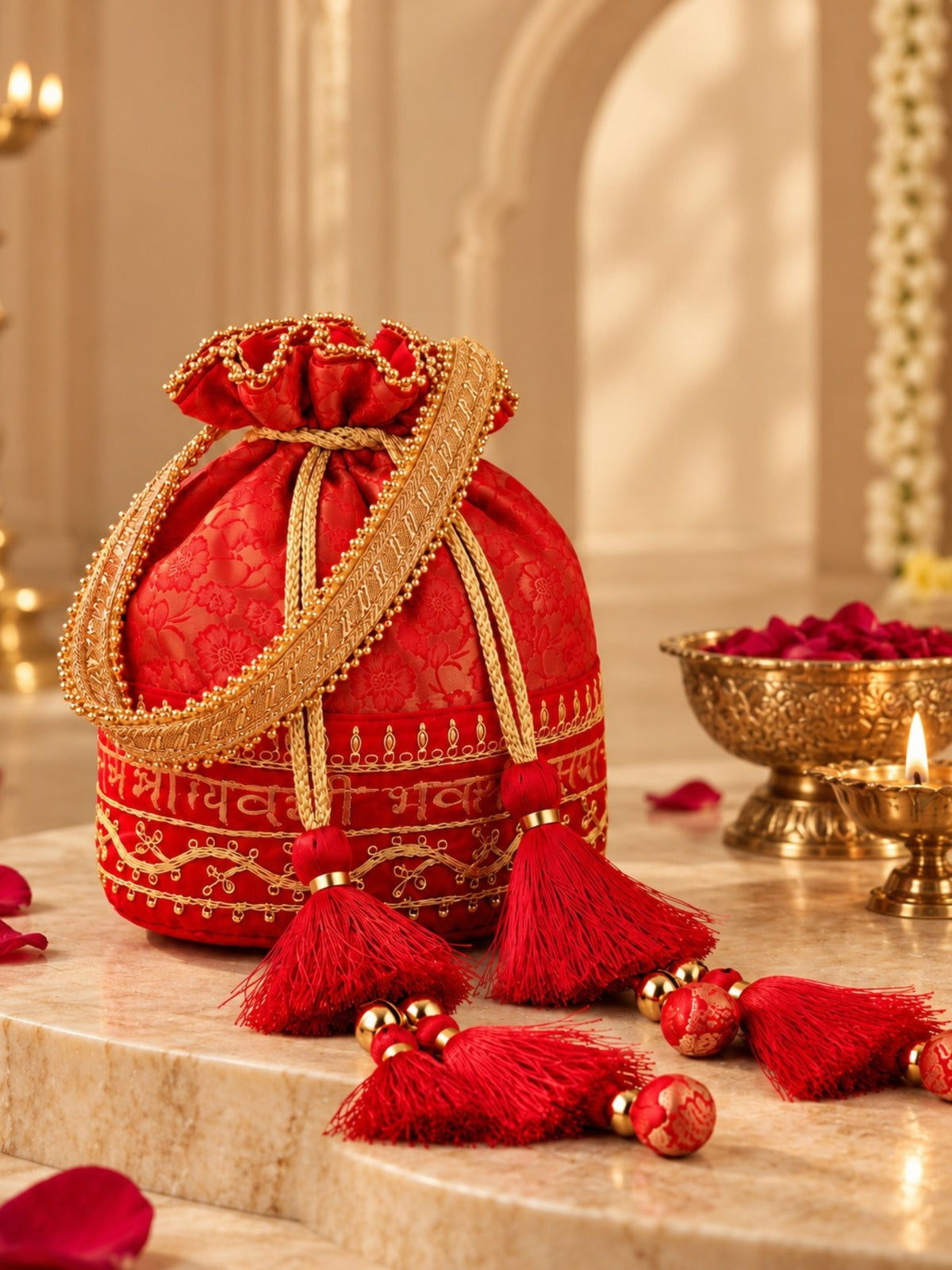 Jashn Edit Red & Gold Floral Embroidered Brocade Potli