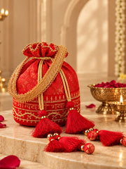 Jashn Edit Red & Gold Floral Embroidered Brocade Potli