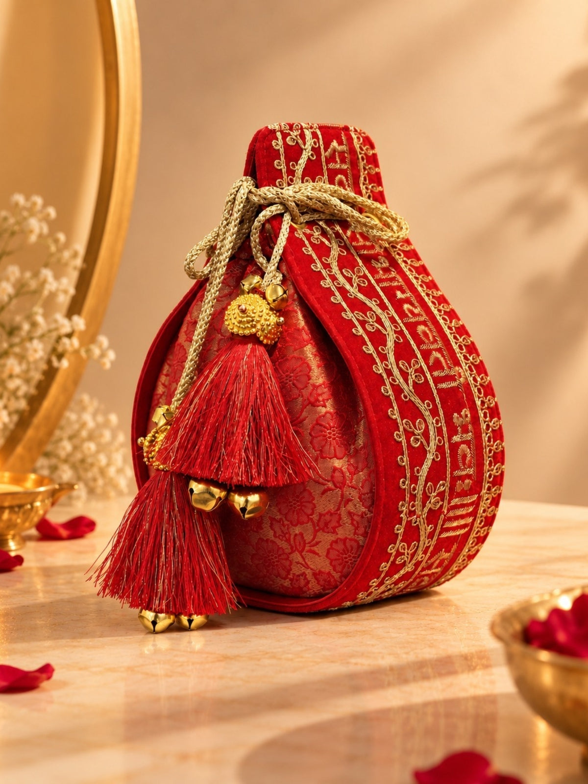 Jashn Edit Red & Gold Floral Embroidered Brocade Potli