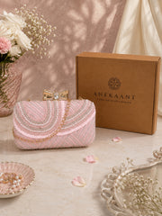 Adorn Baby Pink & White Embellished Faux Silk Clutch
