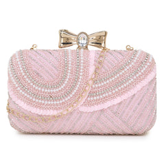 Adorn Baby Pink & White Embellished Faux Silk Clutch