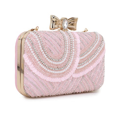 Adorn Baby Pink & White Embellished Faux Silk Clutch