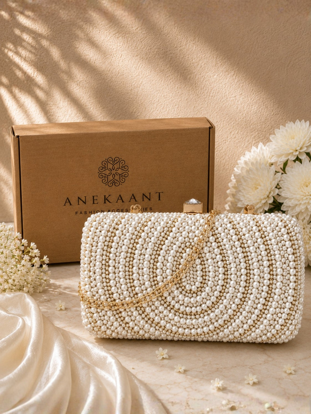Adorn Faux Silk Embellished Pearl Work Box Clutch