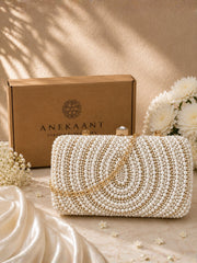 Adorn Faux Silk Embellished Pearl Work Box Clutch