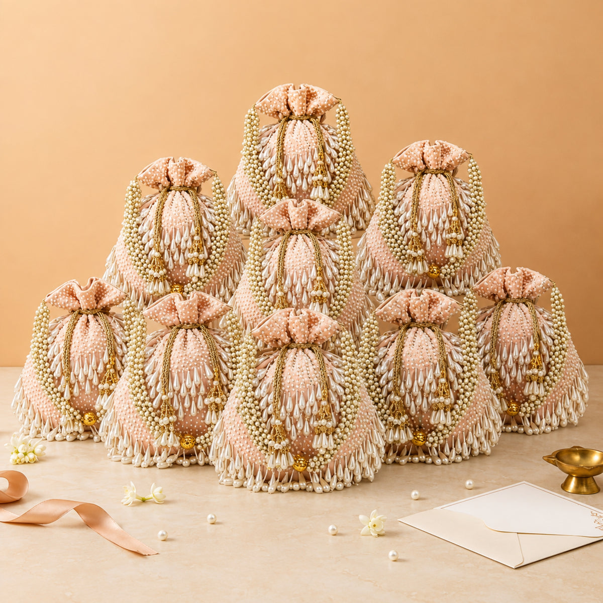 Dangle Pearl Embellished Wedding Favor Potli Set of 10 | Luxury Wedding Keepsake Gift Bags