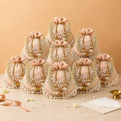 Dangle Pearl Embellished Wedding Favor Potli Set of 10 | Luxury Wedding Keepsake Gift Bags