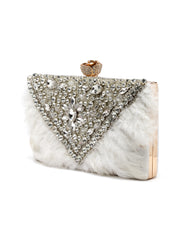 Feather Stone Work Embellished Velvet Box Clutch